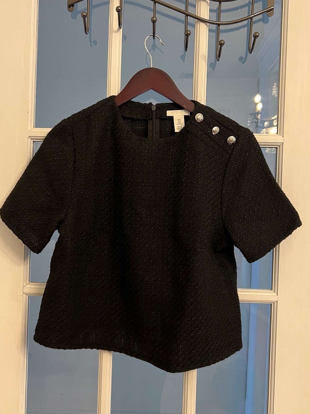 H&M Women’s Black Bouclé Wool Blend Short Sleeve Button Shoulder Blouse M